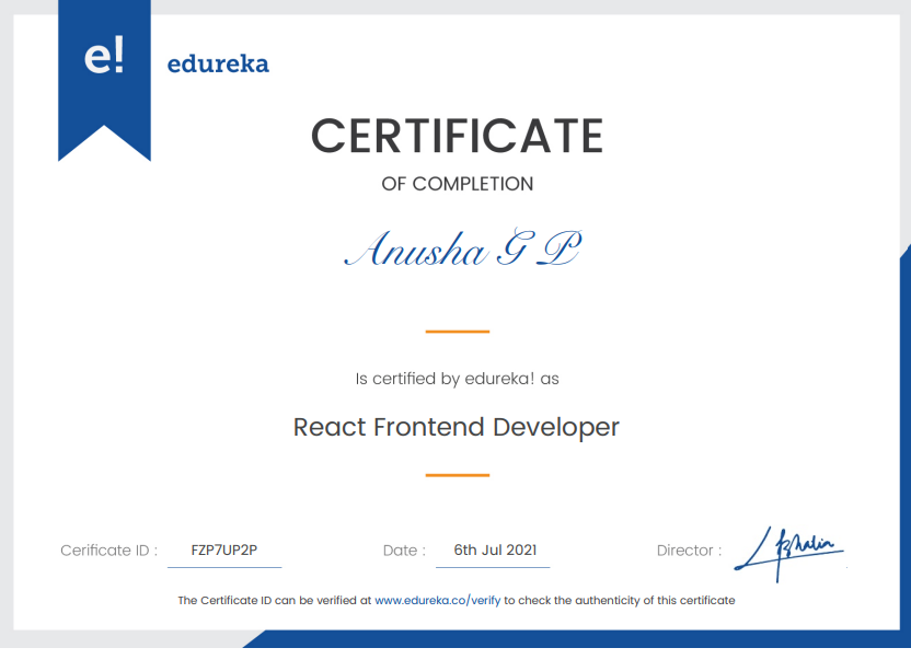 Edureka React Frontend Developer Certificate